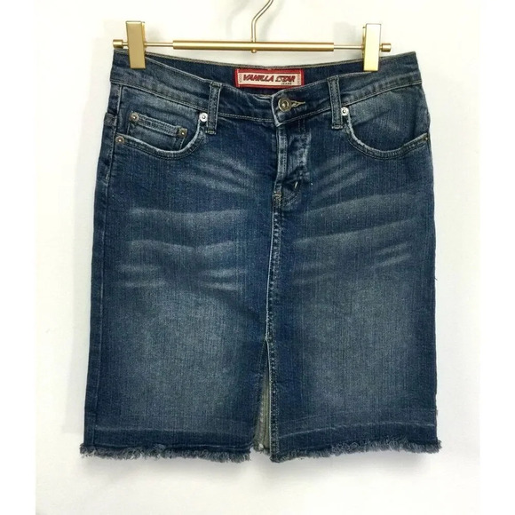 VTG Vanilla Star Womens 7 Denim Mini Skirt Blue Pockets Raw Frayed Hem Stretch - Picture 1 of 10